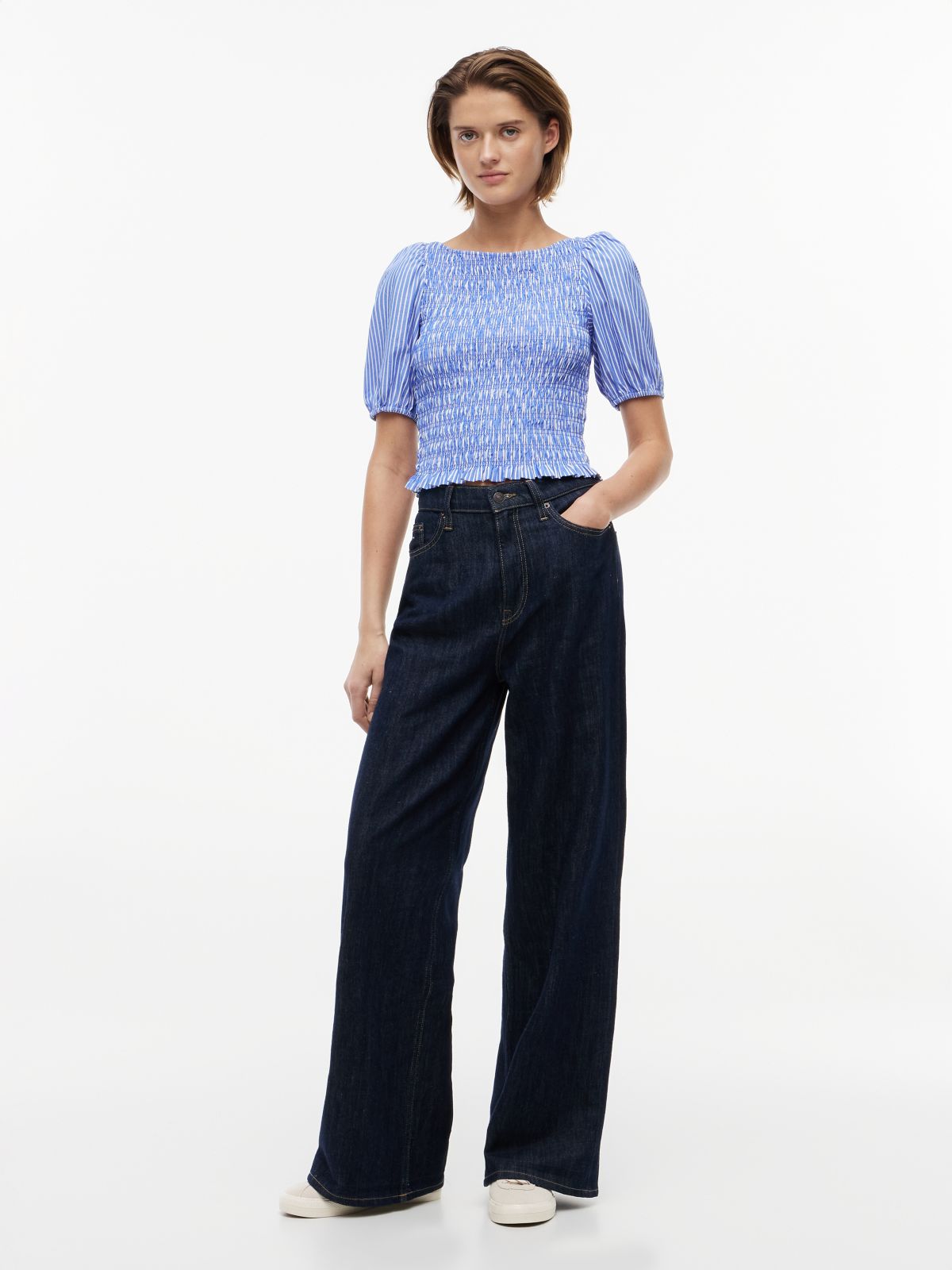 Smock Poplin Slim Short Sleeve Blouse — Blue