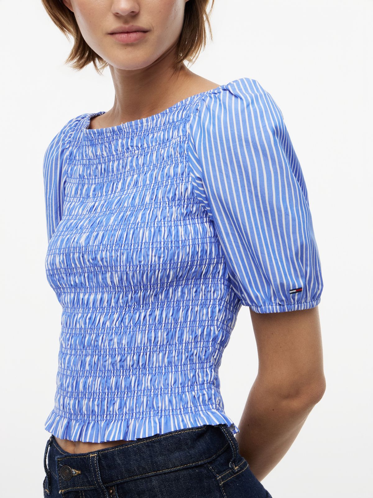 Smock Poplin Slim Short Sleeve Blouse — Blue