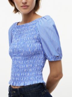 Smock Poplin Slim Short Sleeve Blouse — Blue 3