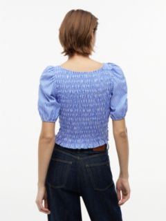 Smock Poplin Slim Short Sleeve Blouse — Blue 4
