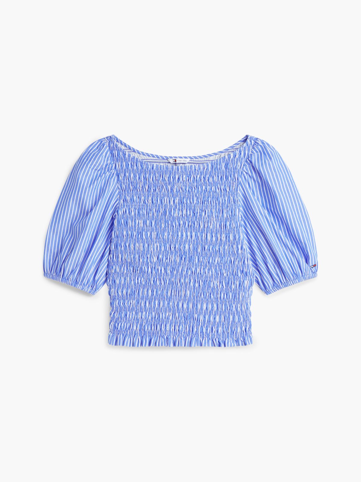 Smock Poplin Slim Short Sleeve Blouse — Blue