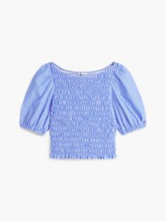 Smock Poplin Slim Short Sleeve Blouse — Blue 5