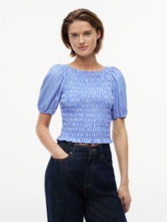 Smock Poplin Slim Short Sleeve Blouse — Blue 1