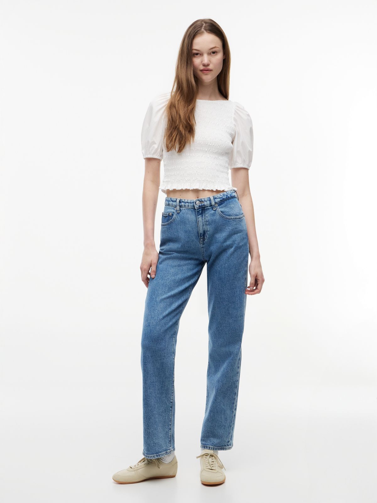 Smock Poplin Slim Short Sleeve Blouse — White