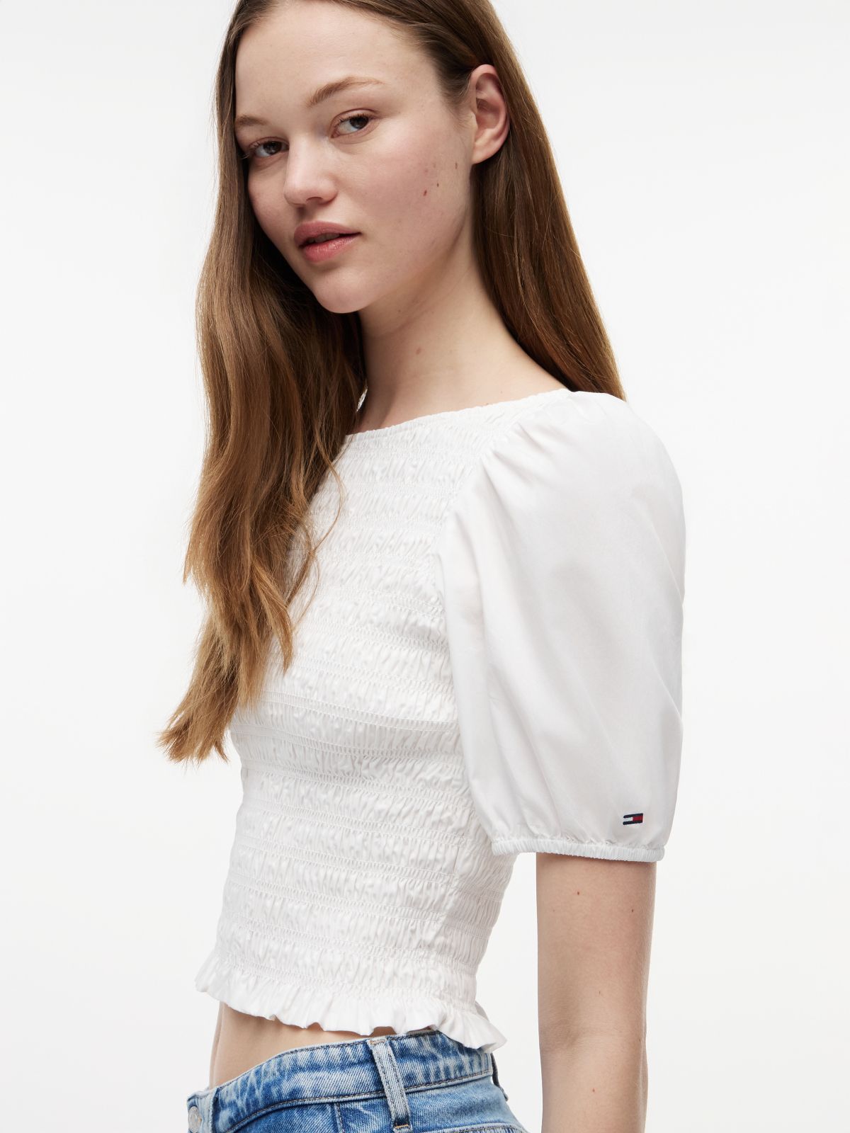 Smock Poplin Slim Short Sleeve Blouse — White