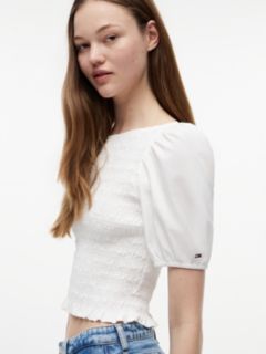 Smock Poplin Slim Short Sleeve Blouse — White 3