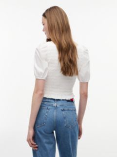 Smock Poplin Slim Short Sleeve Blouse — White 4