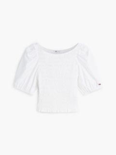 Smock Poplin Slim Short Sleeve Blouse — White 5