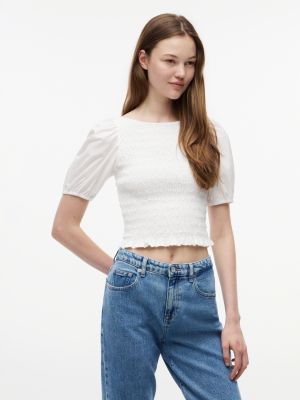 white gesmokte slim fit kurzarmbluse aus popeline für damen - tommy jeans