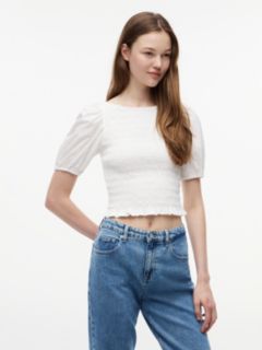 Smock Poplin Slim Short Sleeve Blouse — White 1