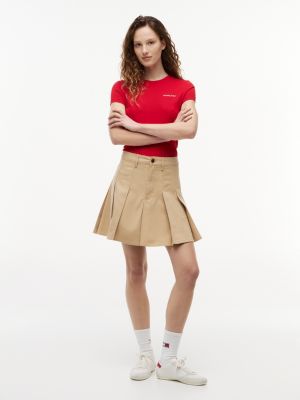 beige mini-faltenrock aus gewaschenem canvas für damen - tommy jeans