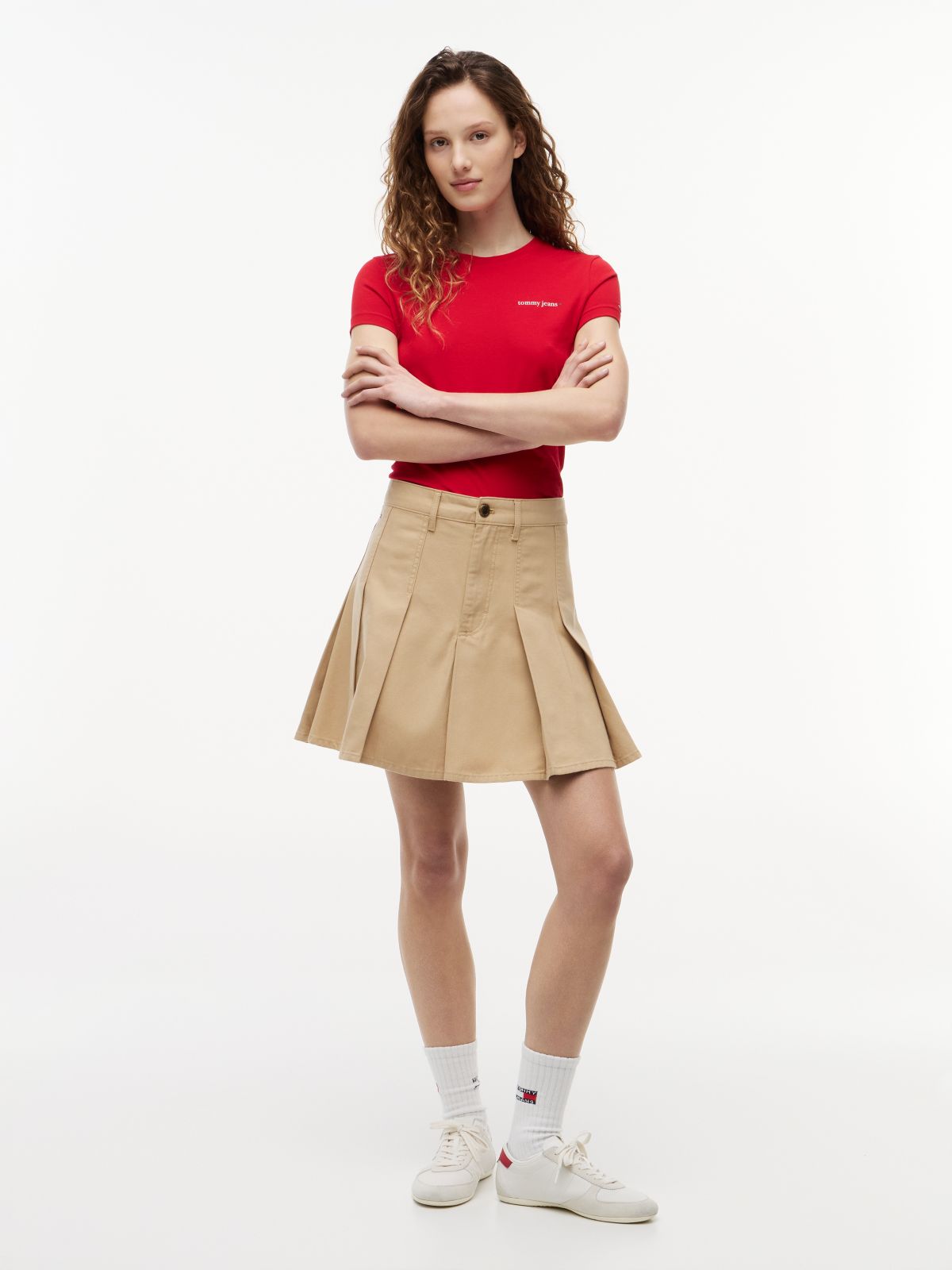Washed Canvas Pleated Mini Skirt — Beige