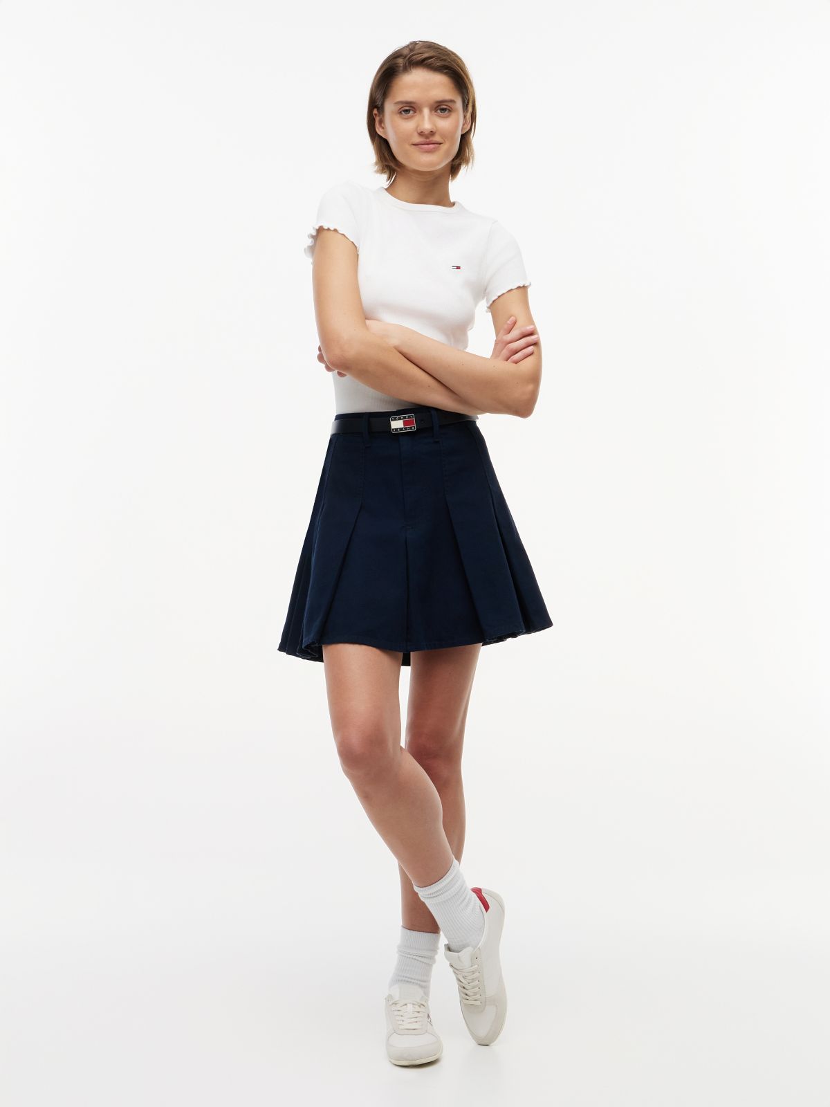Washed Canvas Pleated Mini Skirt — Blue