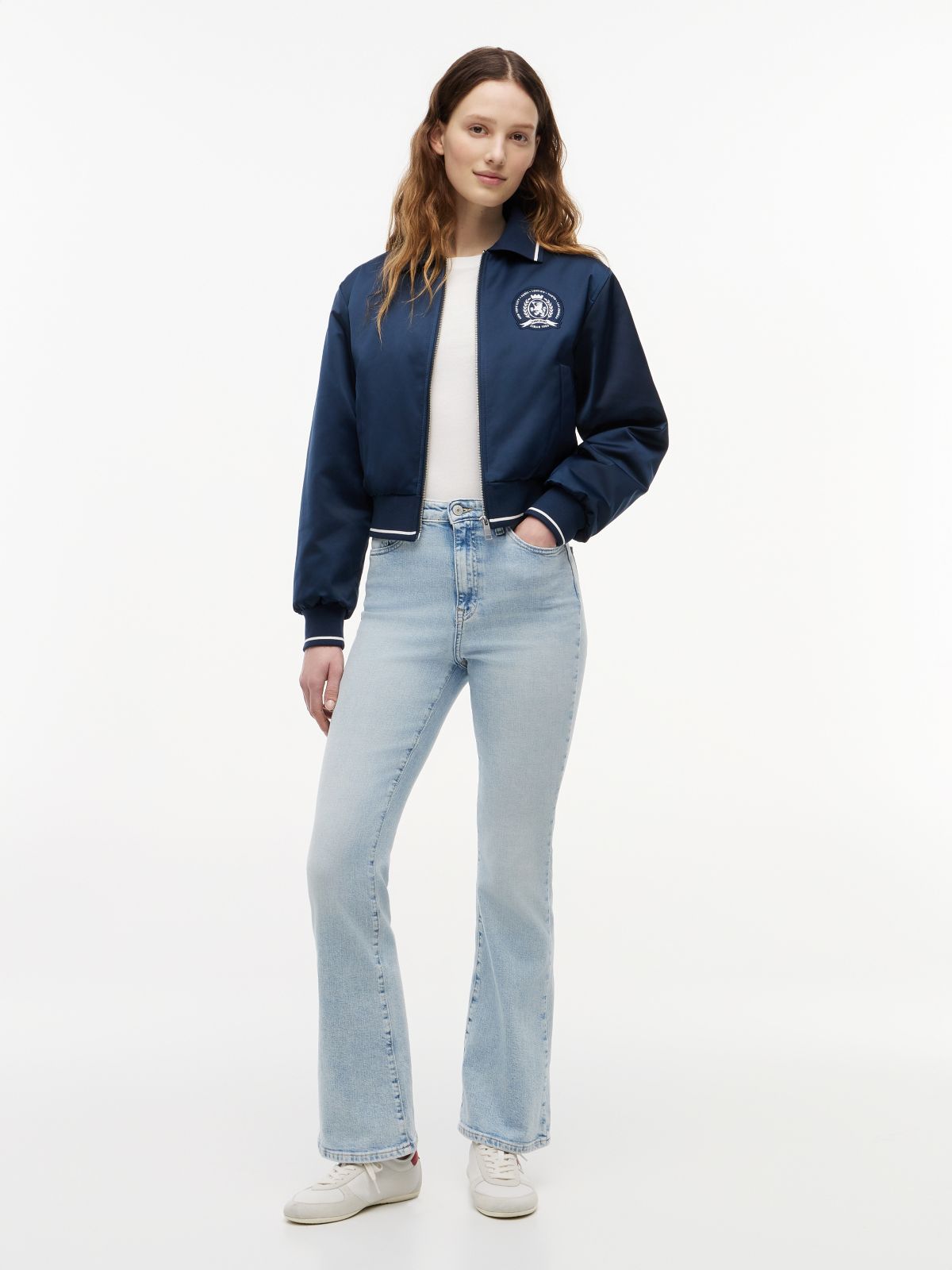 Back Logo Patch Satin Varsity Jacket — Blue