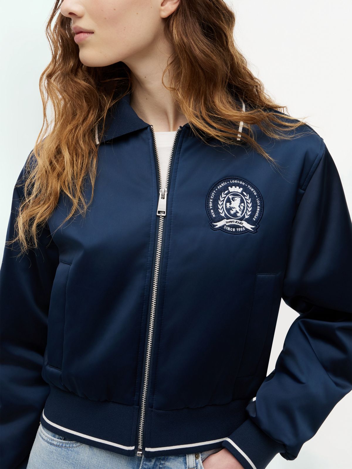 Back Logo Patch Satin Varsity Jacket — Blue