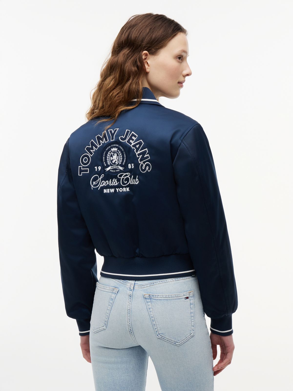 Back Logo Patch Satin Varsity Jacket — Blue