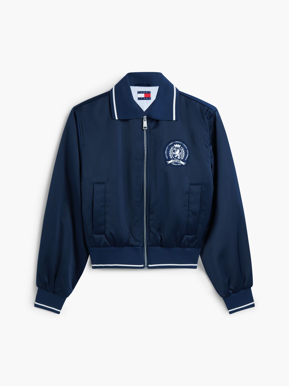 Back Logo Patch Satin Varsity Jacket — Blue