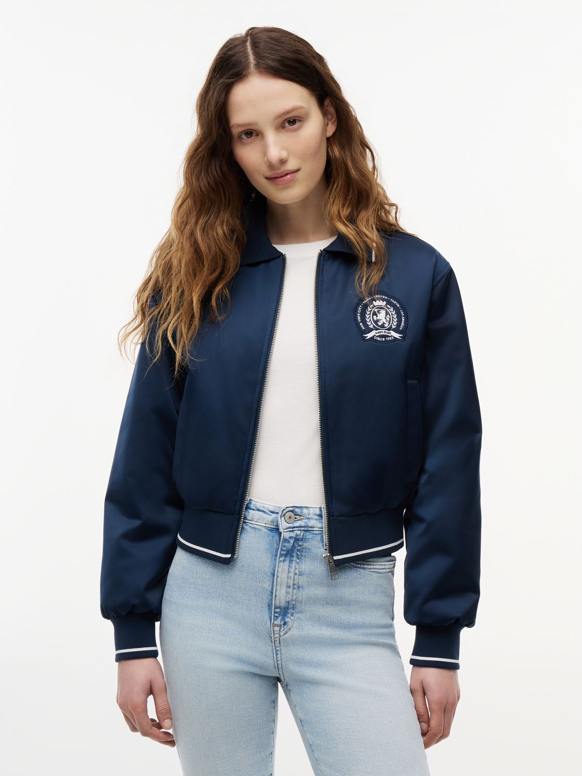 Back Logo Patch Satin Varsity Jacket — Blue