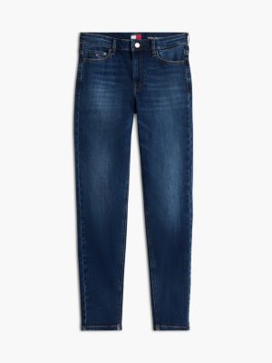 jeans nora skinny fit a vita media con baffature denim da donne tommy jeans