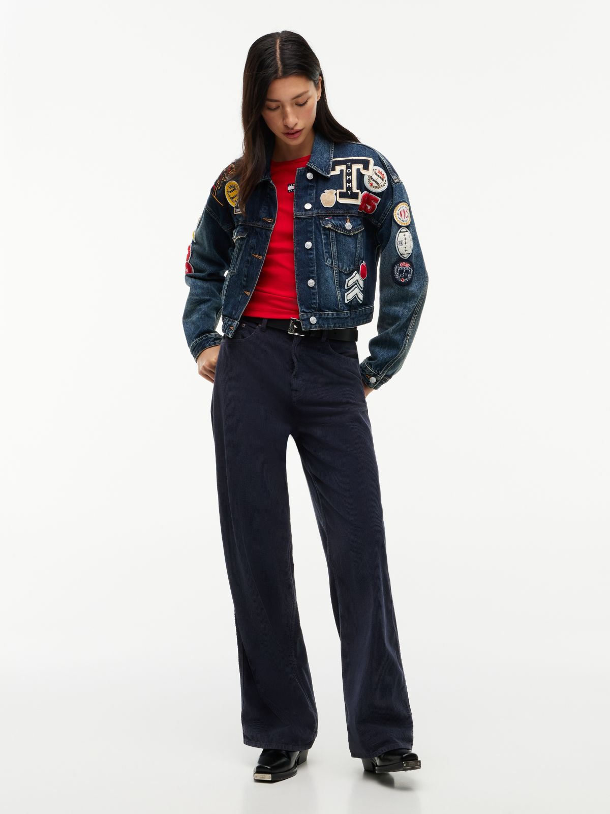 Tommy Badge Cropped Denim Trucker Jacket — Blue