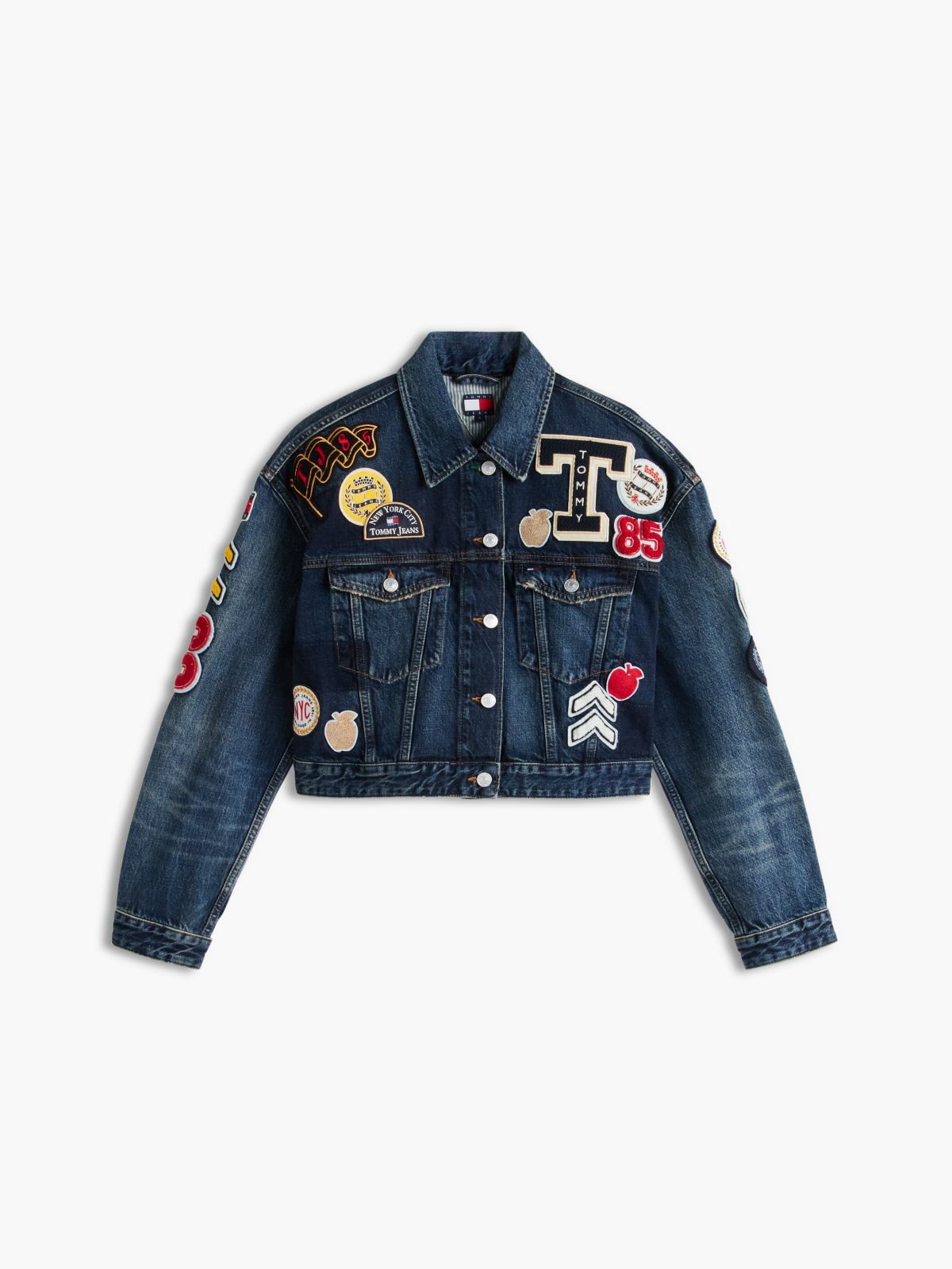 Tommy Badge Cropped Denim Trucker Jacket — Blue