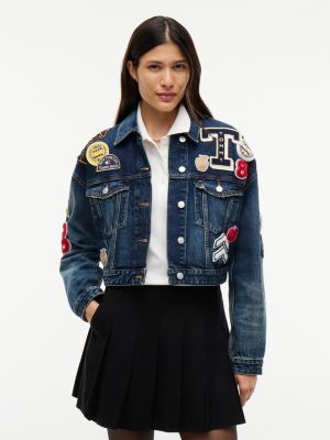 blue tommy badge cropped denim trucker jacket for women tommy jeans