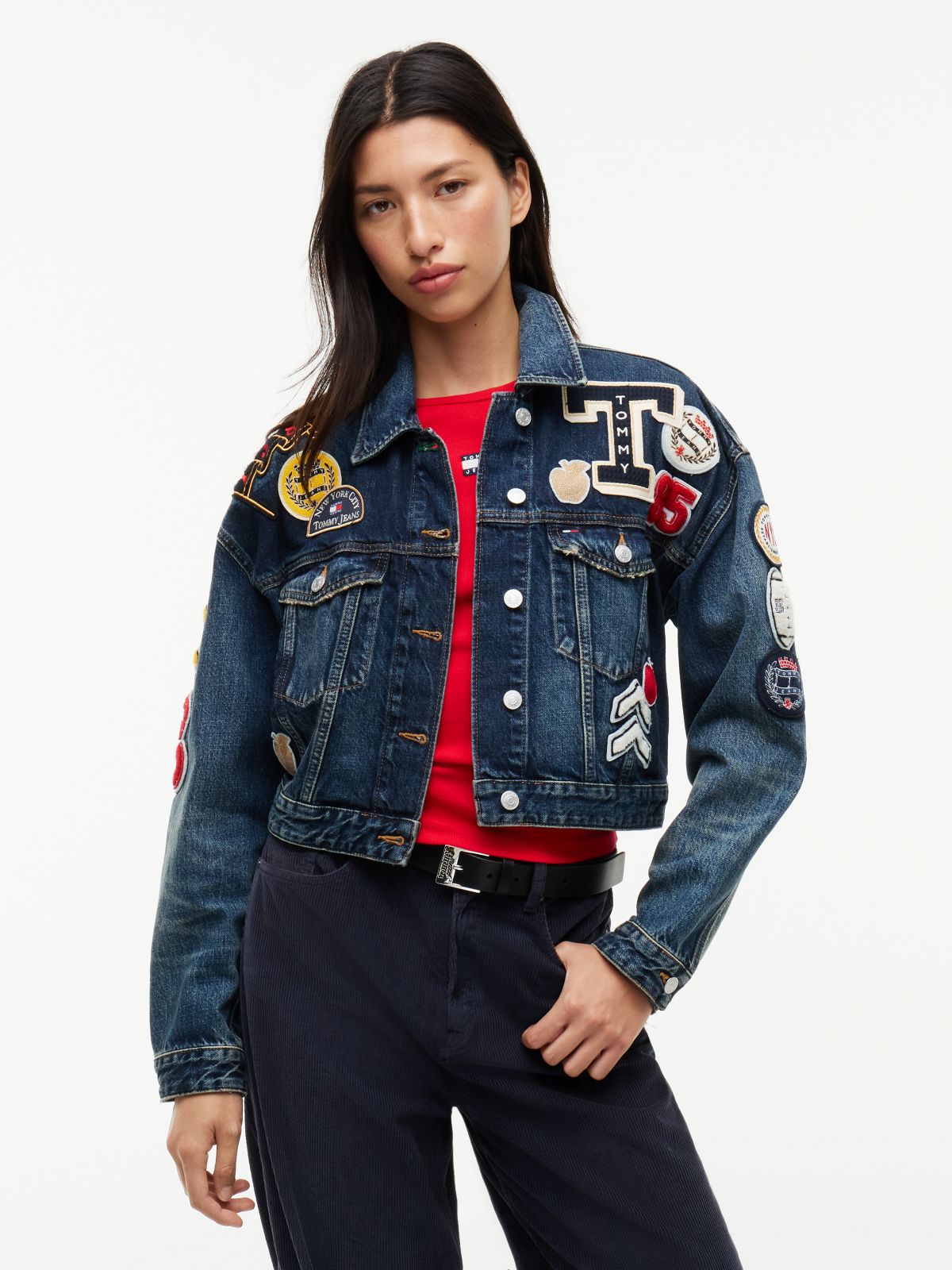 Tommy Badge Cropped Denim Trucker Jacket — Blue