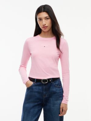 pink classic logo slim long sleeve t-shirt for women tommy jeans