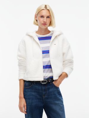 white teddy fleece zip-thru hoody for women tommy jeans