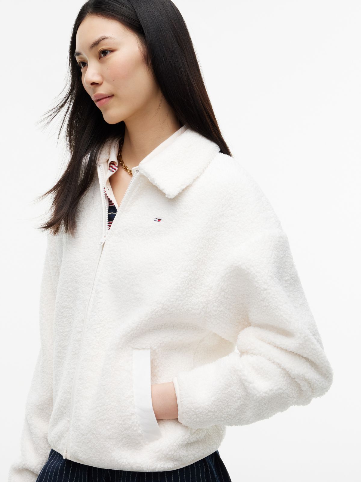 Teddy Fleece Boxy Zip-Thru Sweatshirt — White