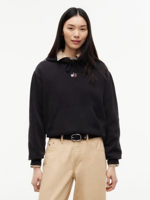 black tommy badge relaxed drawstring hoody for women tommy jeans