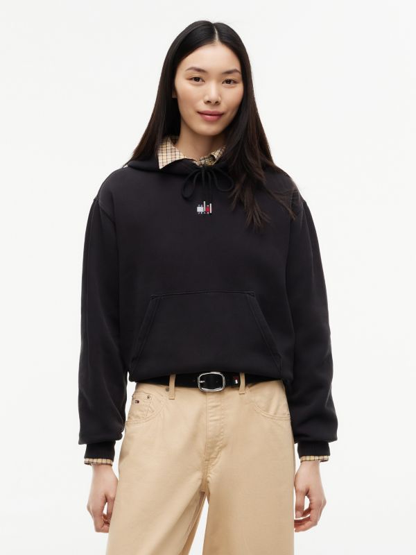 Tommy Badge Relaxed Drawstring Hoody — Black