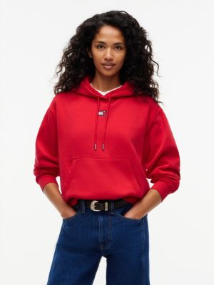 red tommy badge boxy drawstring hoody for women tommy jeans