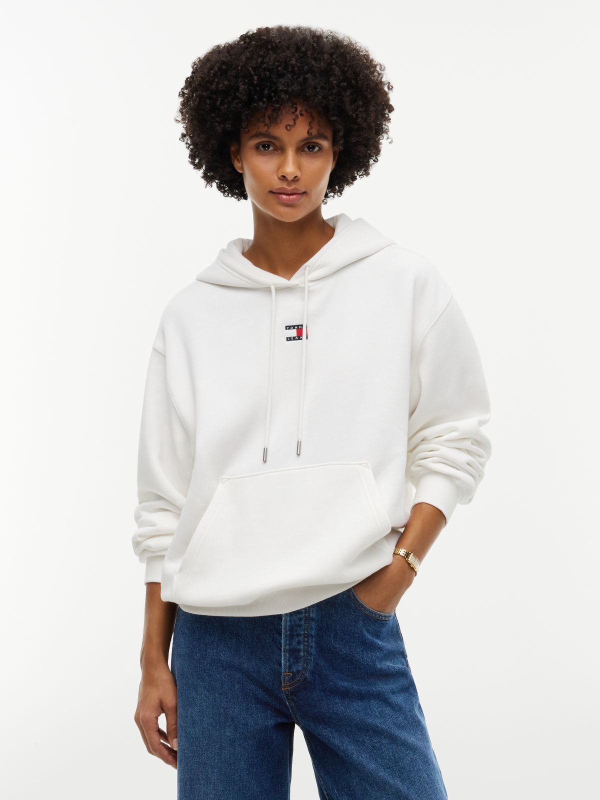 Tommy Badge Relaxed Drawstring Hoody — White