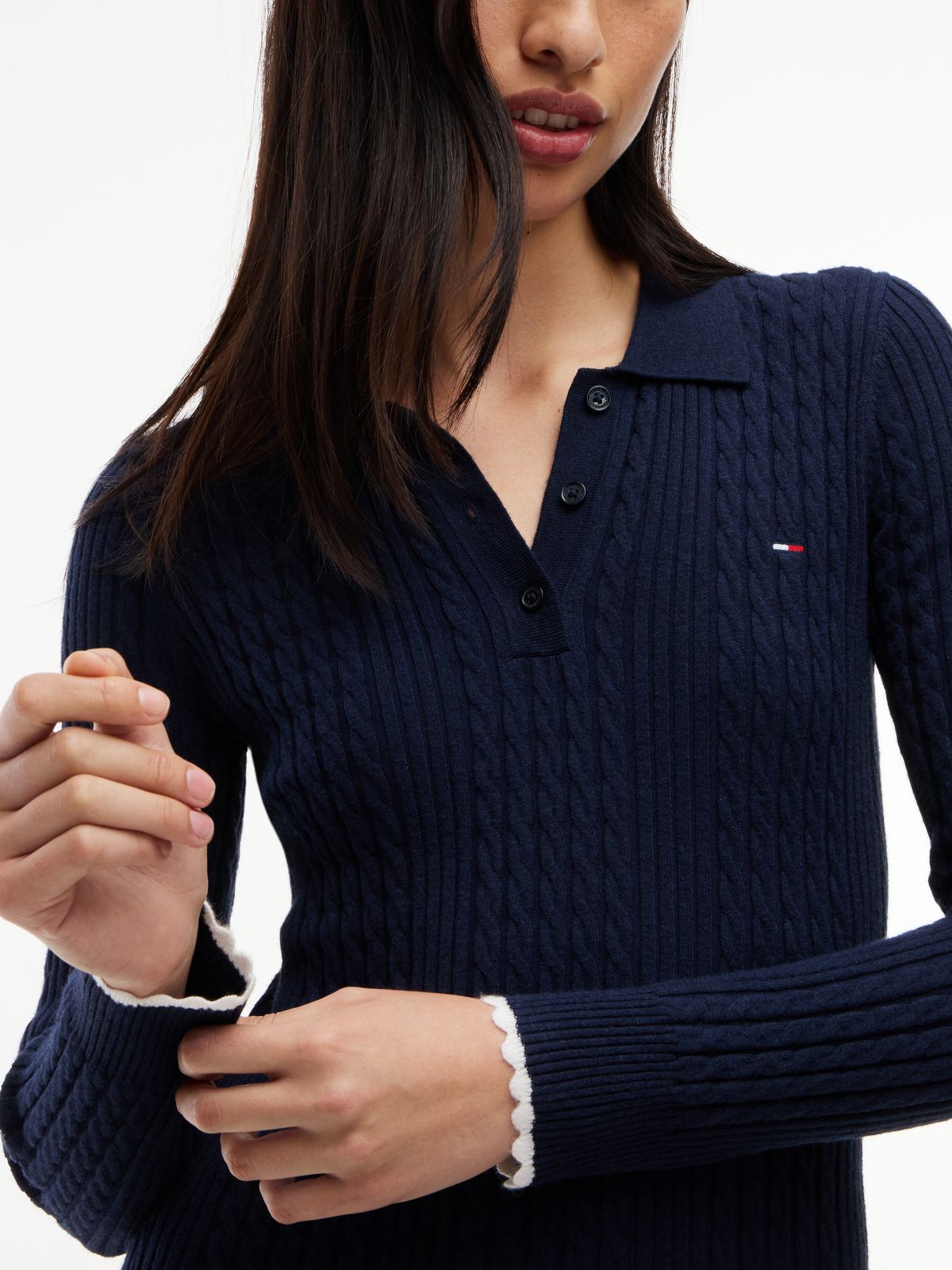 Cable Knit Slim Mini Polo Dress — Blue