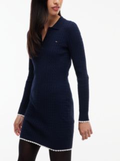 Cable Knit Slim Mini Polo Dress — Blue 3