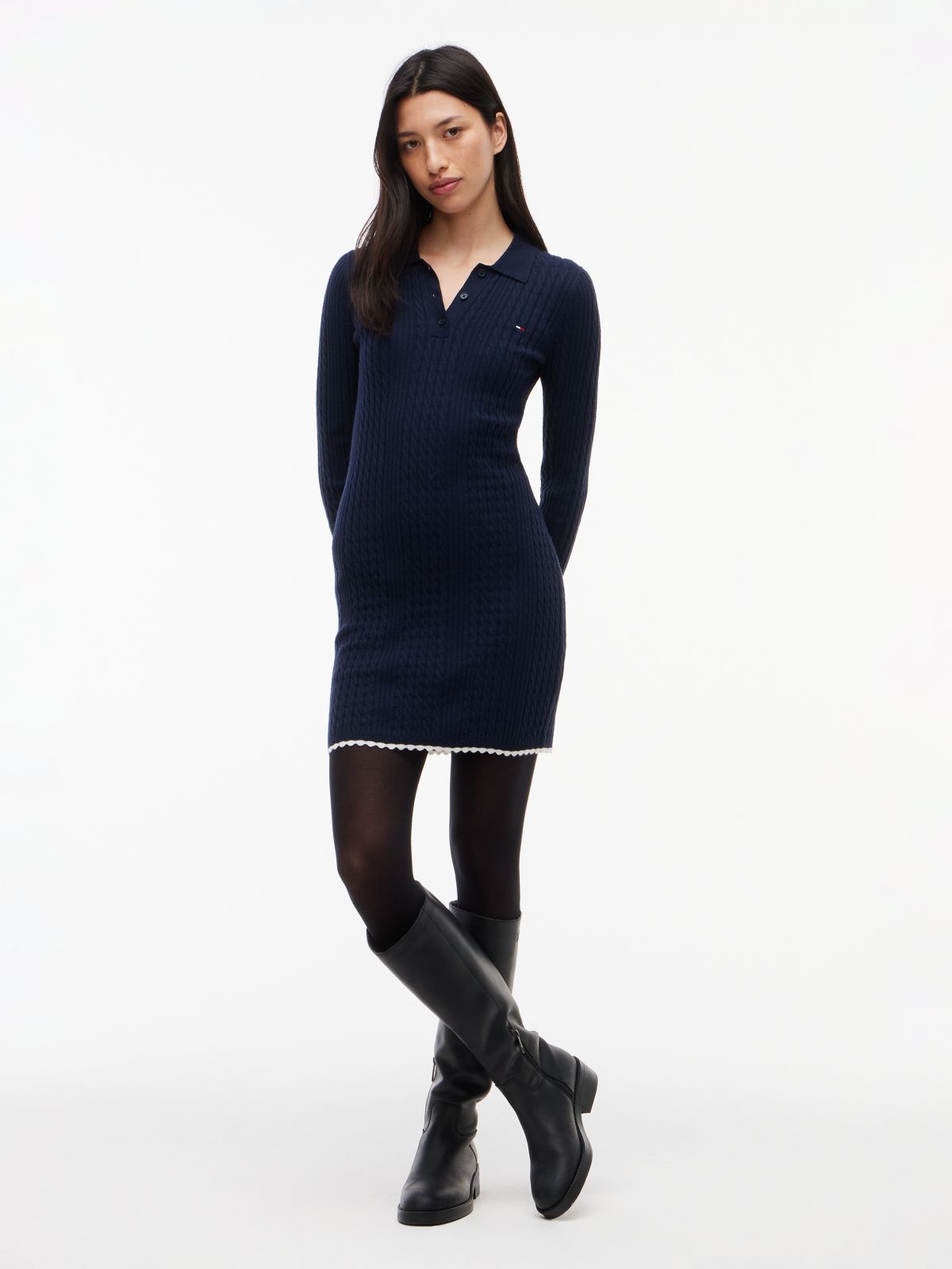Cable Knit Slim Mini Polo Dress — Blue