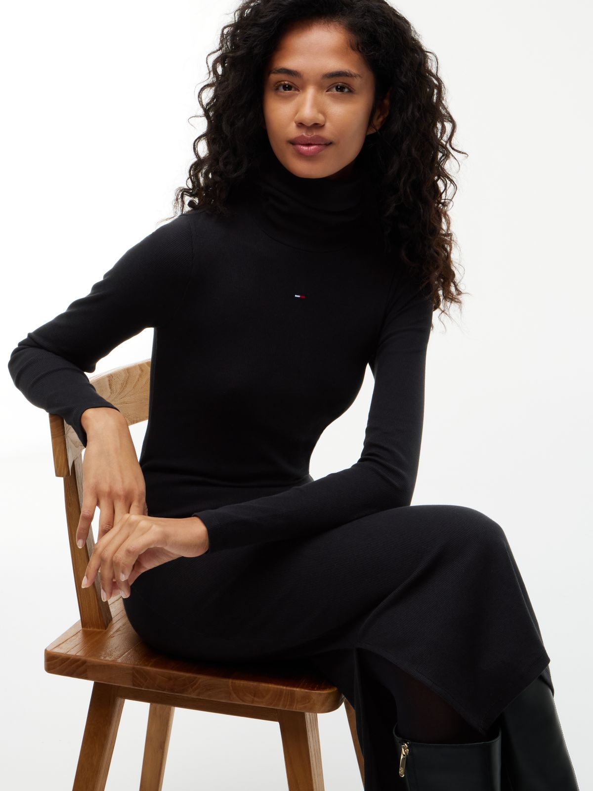 Turtleneck Ribbed Midi Bodycon Dress — Black