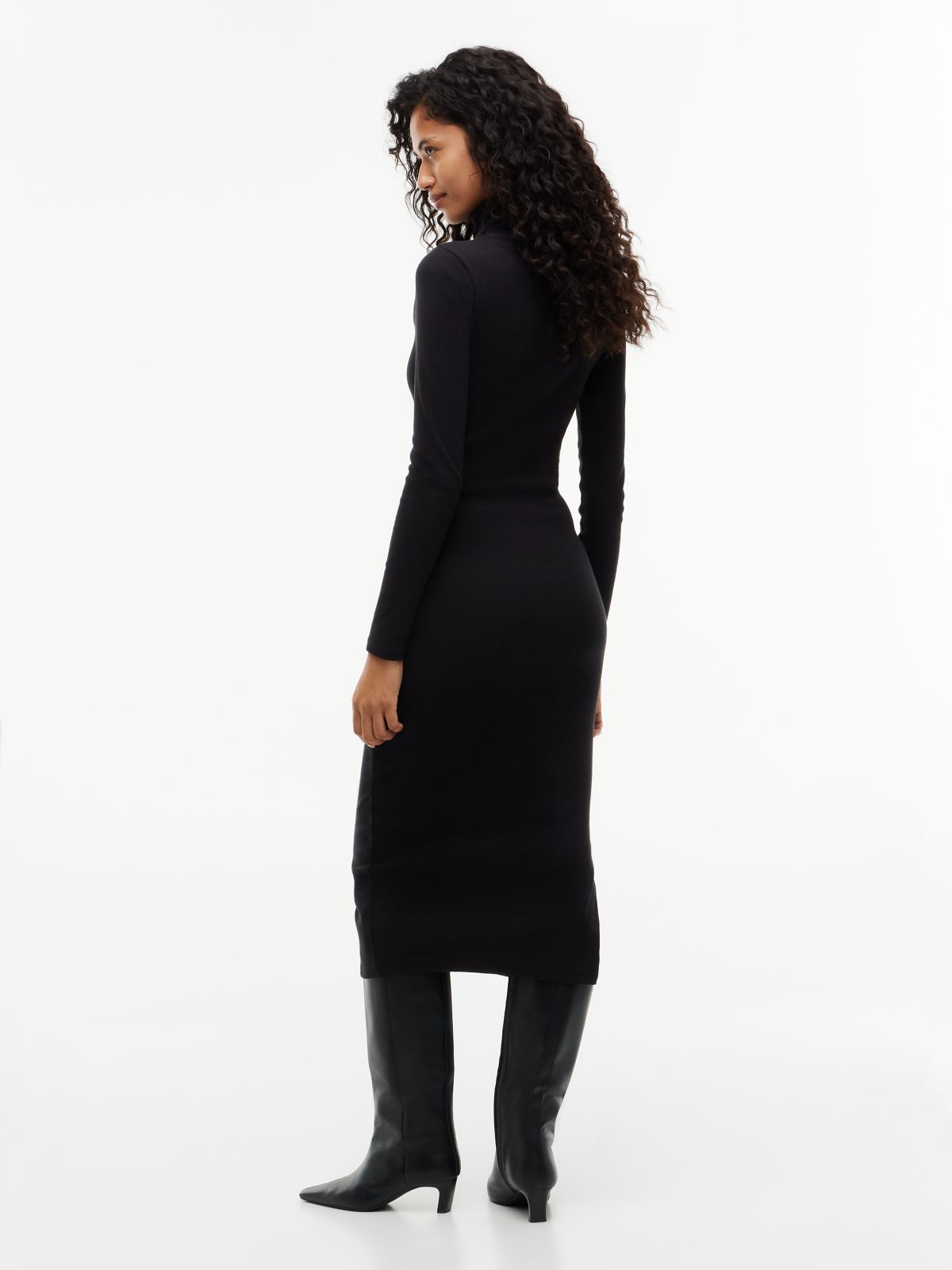 Turtleneck Ribbed Midi Bodycon Dress — Black