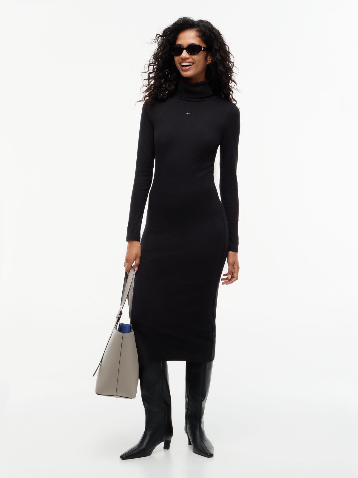 Turtleneck Ribbed Midi Bodycon Dress — Black