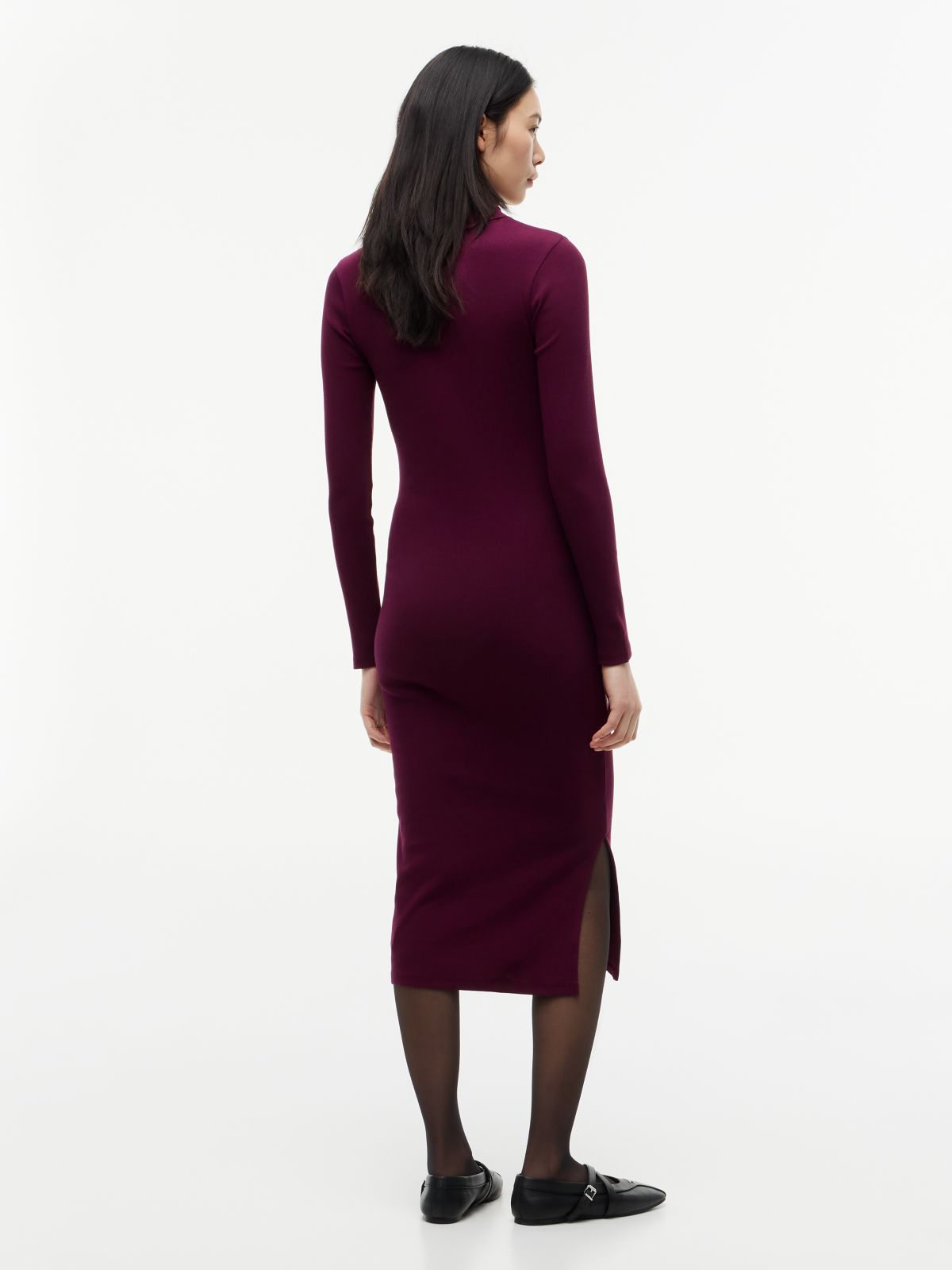 Turtleneck Ribbed Midi Bodycon Dress — Purple