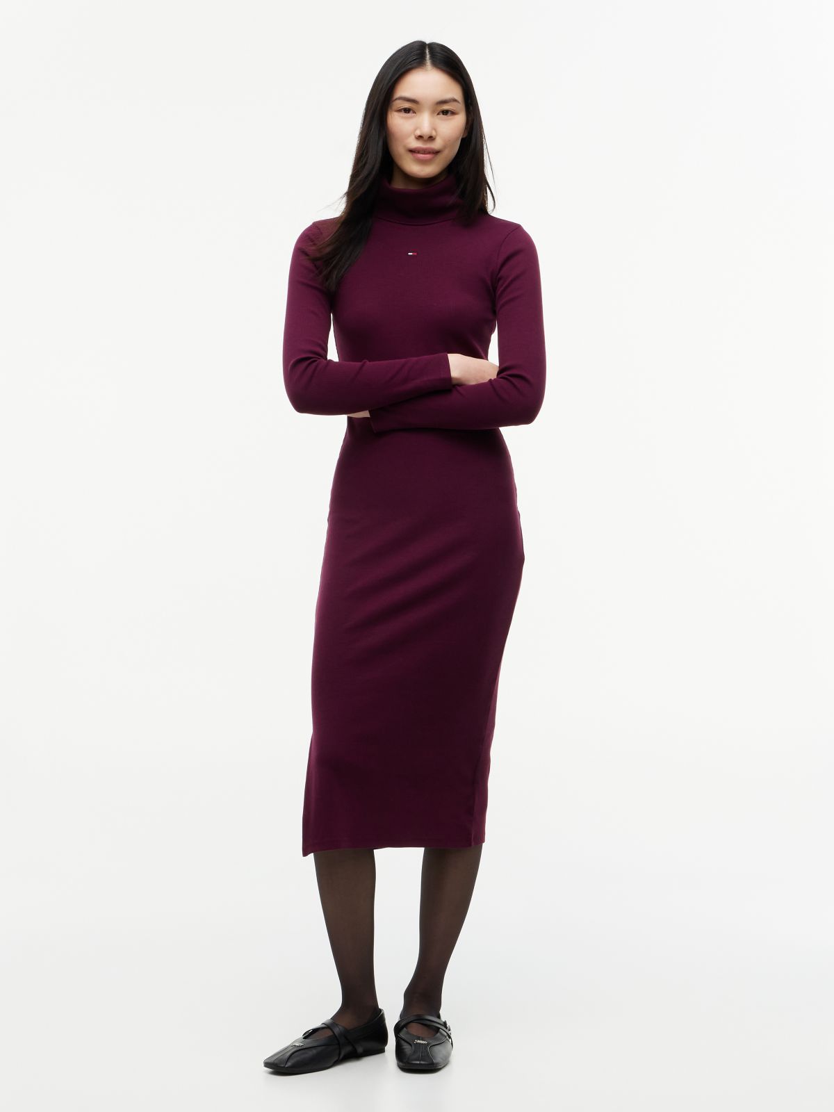 Turtleneck Ribbed Midi Bodycon Dress — Purple