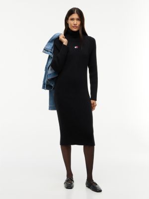 black oversized fit midi-pulloverkleid mit tommy-badge für damen - tommy jeans