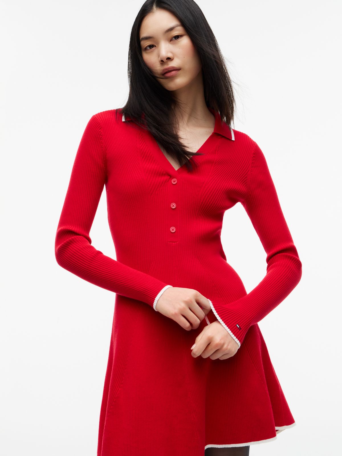 Slim Long Sleeve Mini Polo Dress — Red