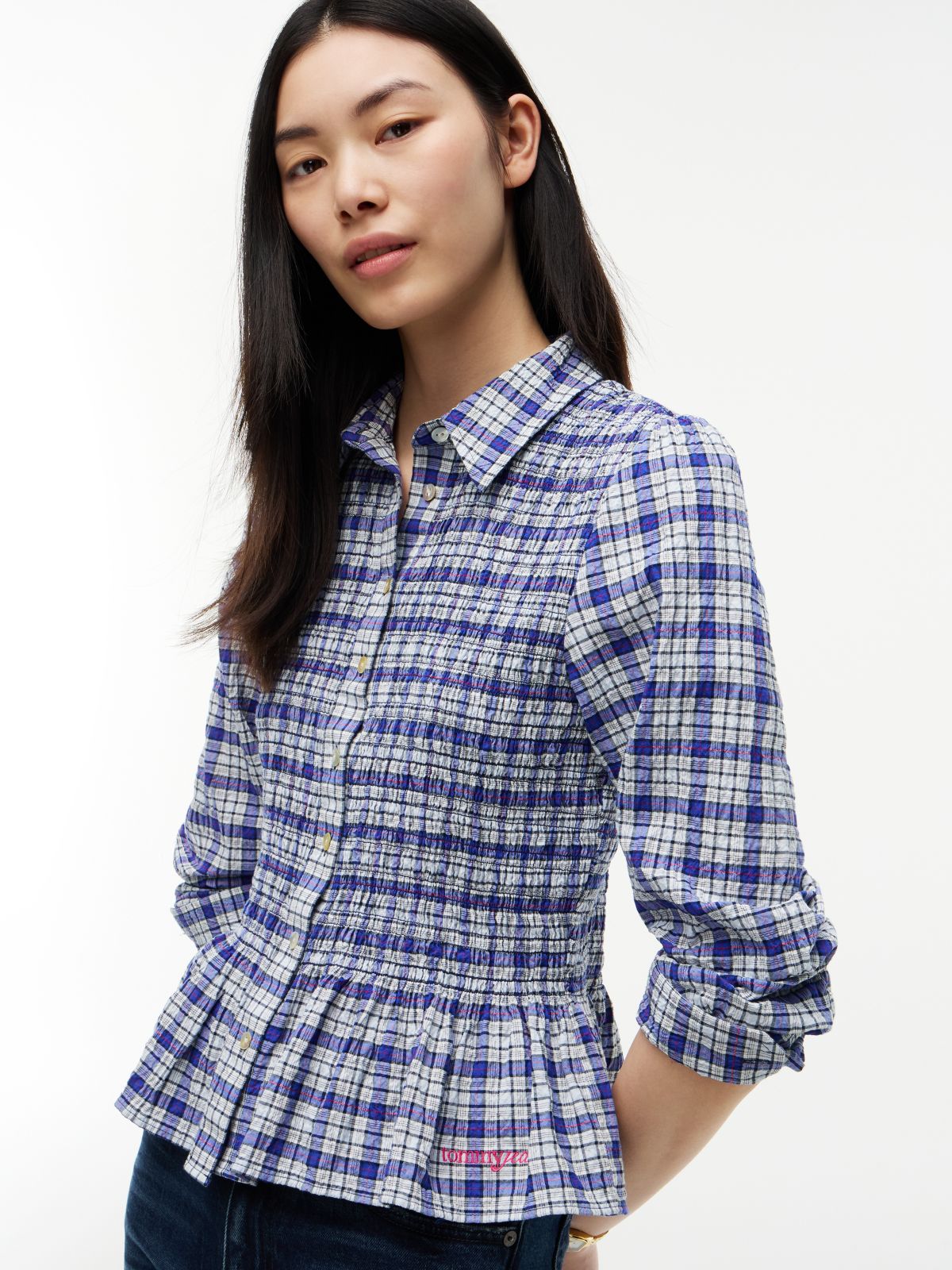 Slim Fit Smock Seersucker Shirt — Blue