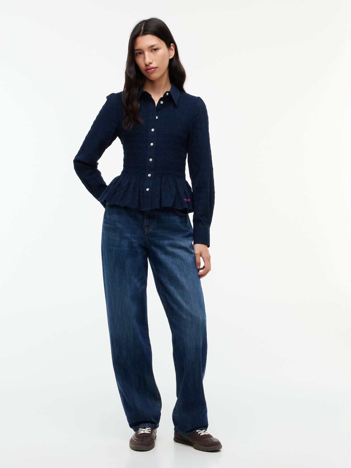 Slim Fit Smock Seersucker Shirt — Blue