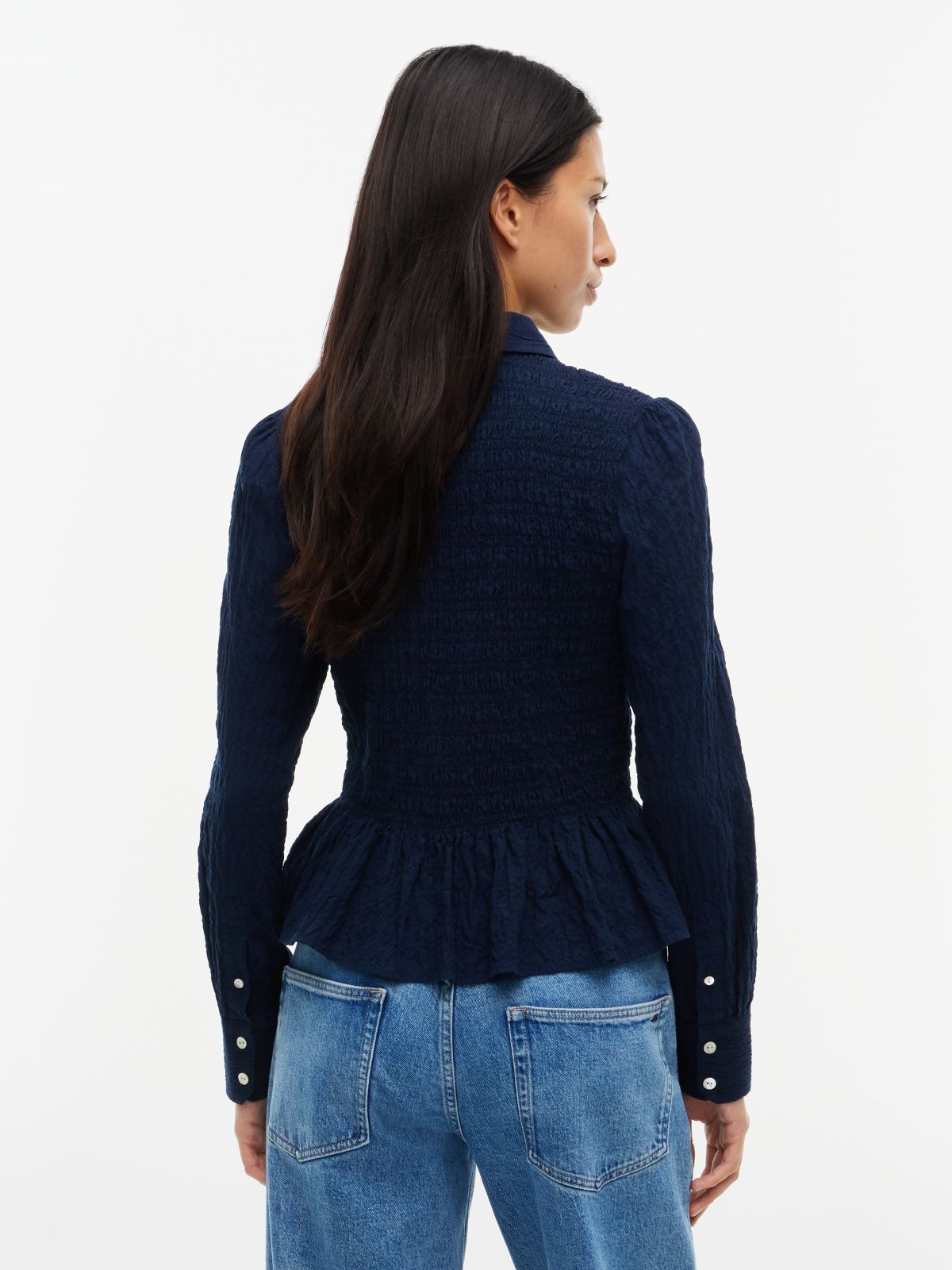 Slim Fit Smock Seersucker Shirt — Blue