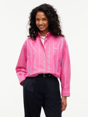 pink marszczona koszula popelinowa o skróconym kroju oversize dla kobiety - tommy jeans