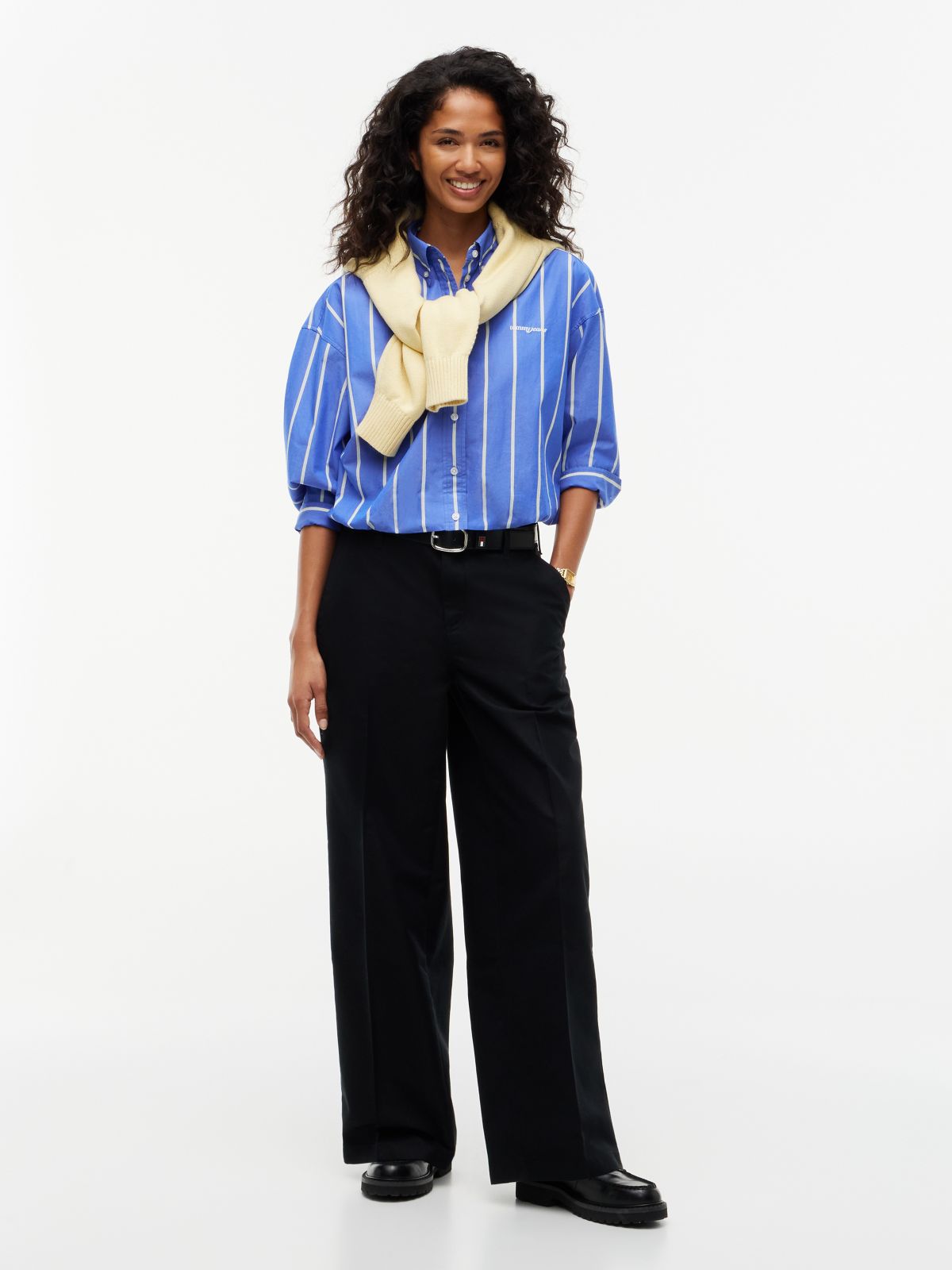 Oversized Fit Cropped Gathered Poplin Shirt — Blue