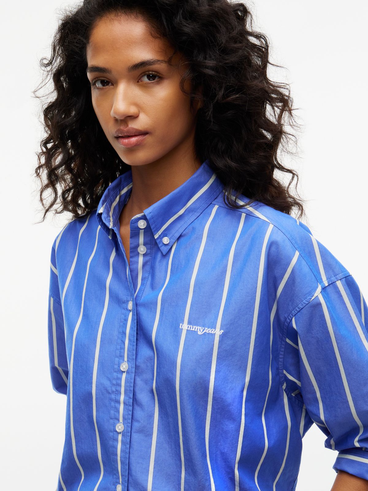 Oversized Fit Cropped Gathered Poplin Shirt — Blue